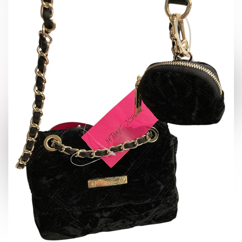 Betsey Johnson Black/Gold Velvet Crossbody/Shoulder Bag Set NWT